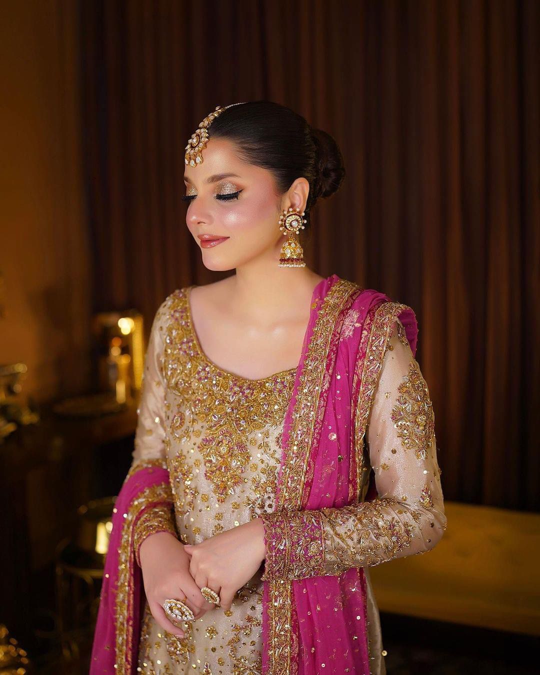 Harris Shakeel Embroidered Addawork Formal Wedding Wear Collection-Gold & Pink