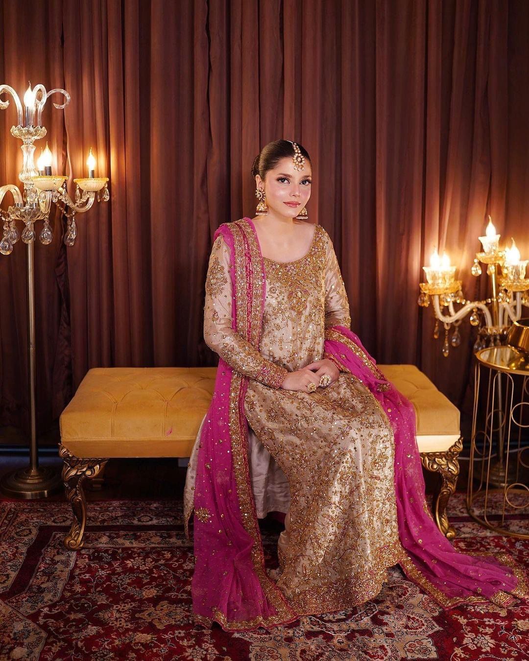 Harris Shakeel Embroidered Addawork Formal Wedding Wear Collection-Gold & Pink