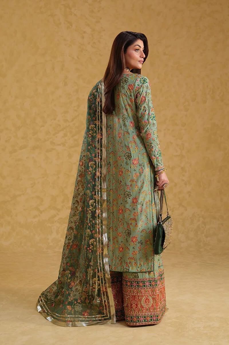 Neloo's Luxury Raw Silk Hand Embellished Formal Wedding Collection-Pista Green