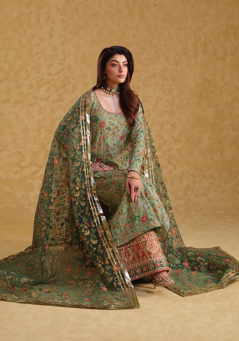 Neloo's Luxury Raw Silk Hand Embellished Formal Wedding Collection-Pista Green