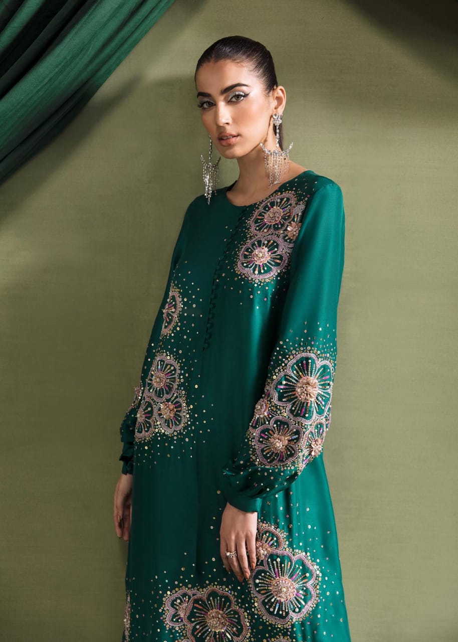 Kanwal Malik Hand Embellished Formal Rawsilk Collection-Seagreen