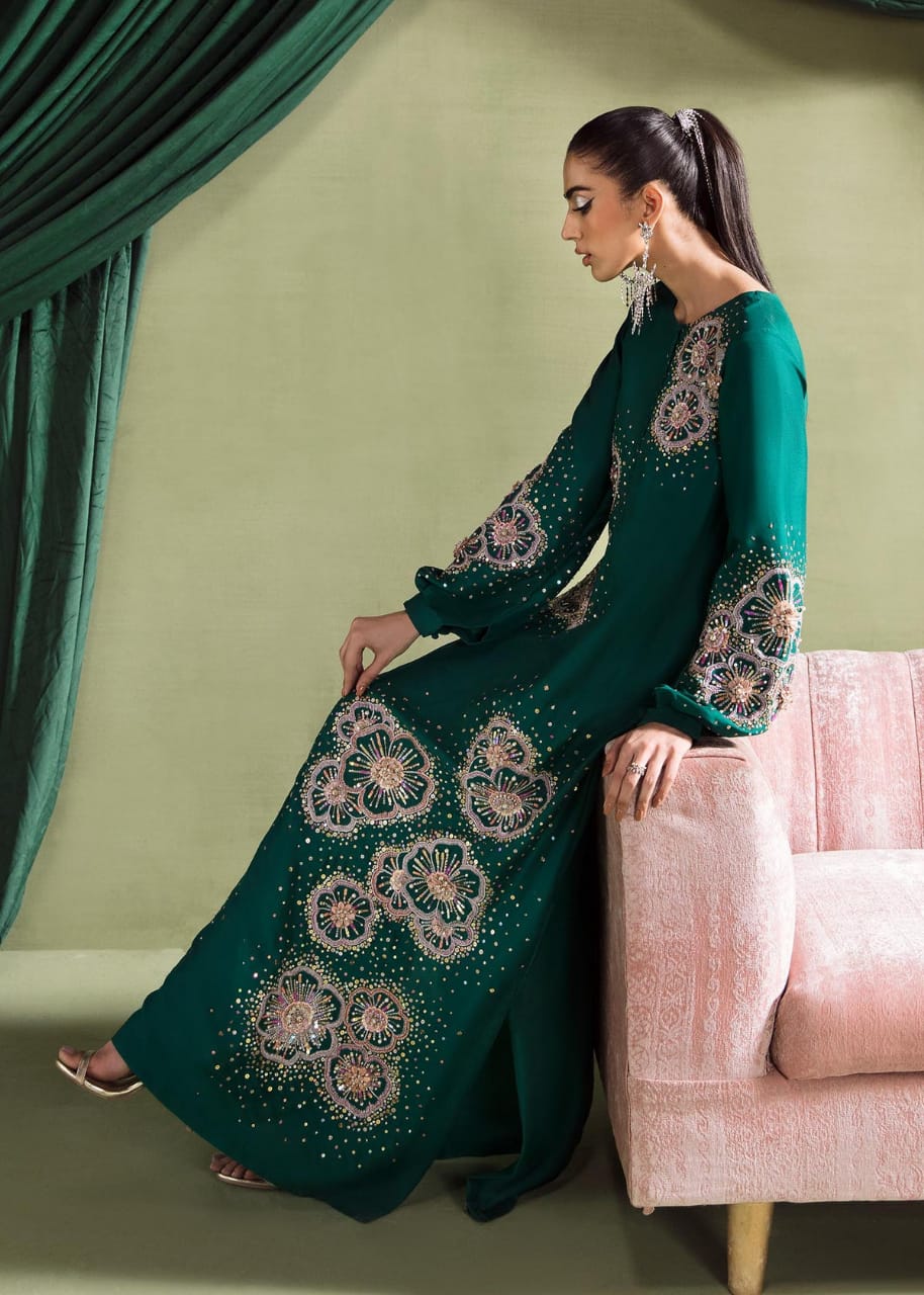 Kanwal Malik Hand Embellished Formal Rawsilk Collection-Seagreen