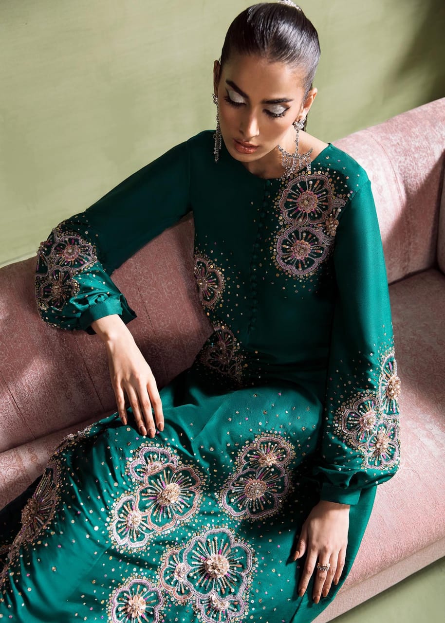 Kanwal Malik Hand Embellished Formal Rawsilk Collection-Seagreen