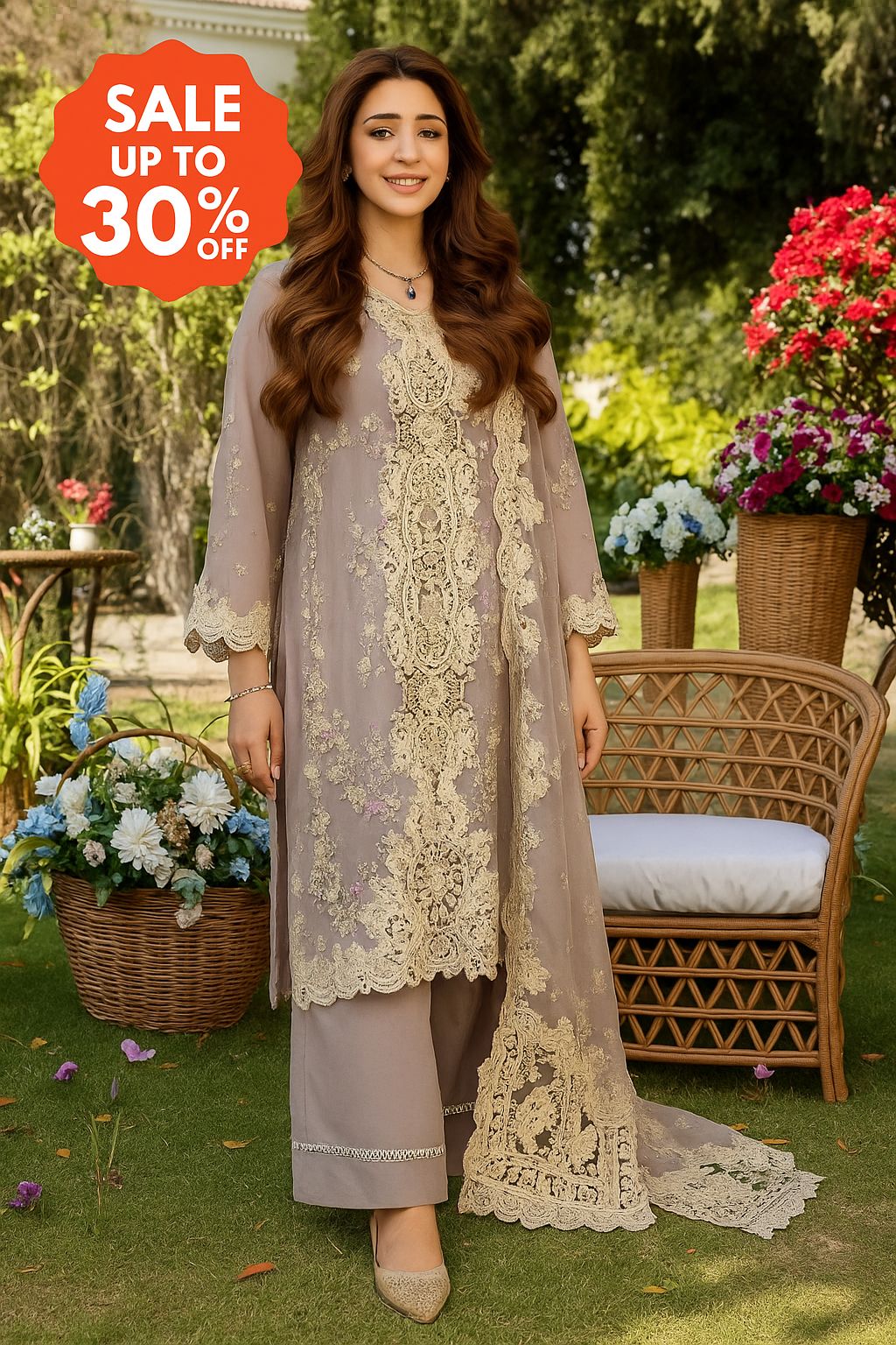 Elaf Premium Luxury Lawn Embroidered Chikankari Collection Raha- Cloud Grey