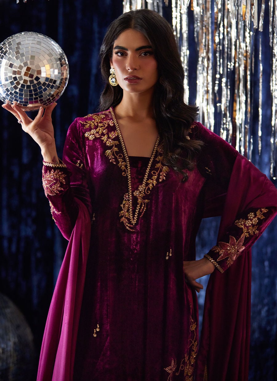 Farah Talib Aziz Luxury Embroidered Velvet Wedding Collection - Magenta