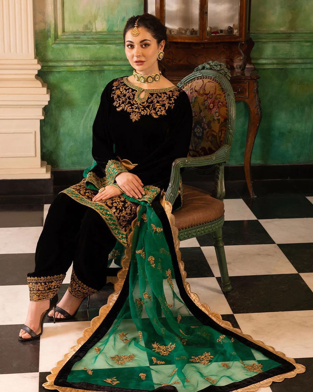 Zainab Chottani Velvet Wedding Collection- Black&Bottle Green