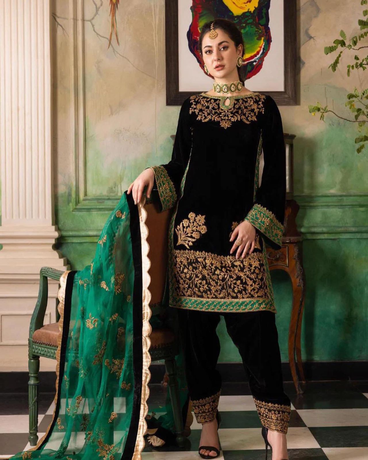 Zainab Chottani Velvet Wedding Collection- Black&Bottle Green