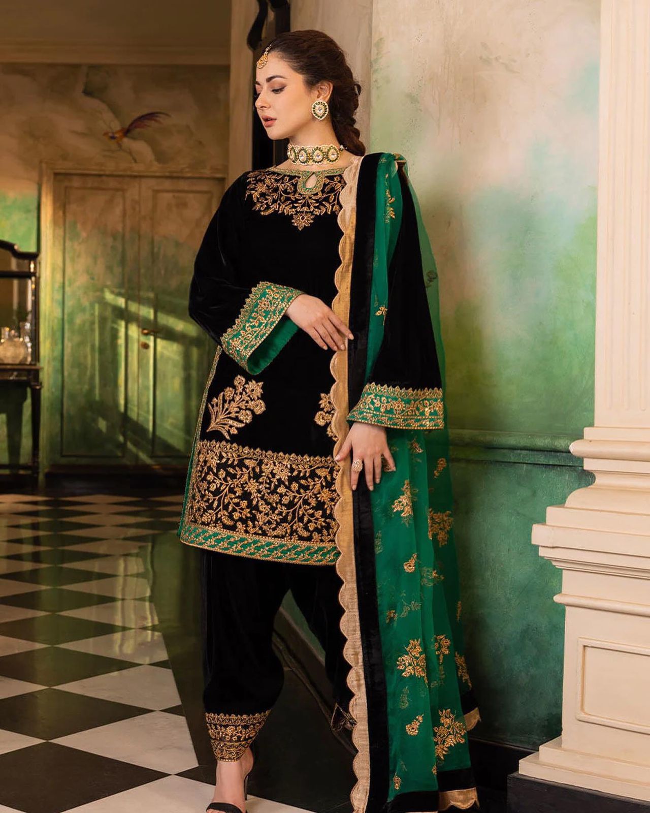 Zainab Chottani Velvet Wedding Collection- Black&Bottle Green
