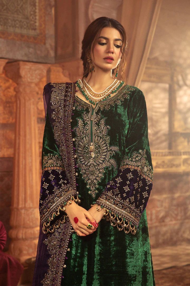 Maria.B Embroidered Velvet Wedding Collection-Bottle Green & Purple