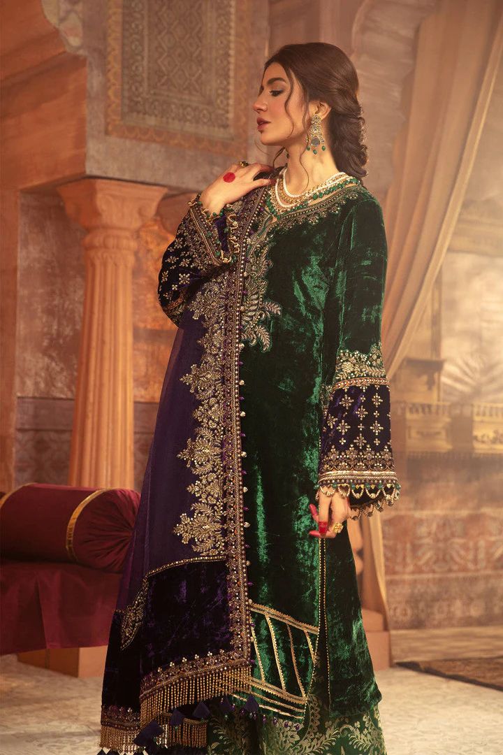 Maria.B Embroidered Velvet Wedding Collection-Bottle Green & Purple