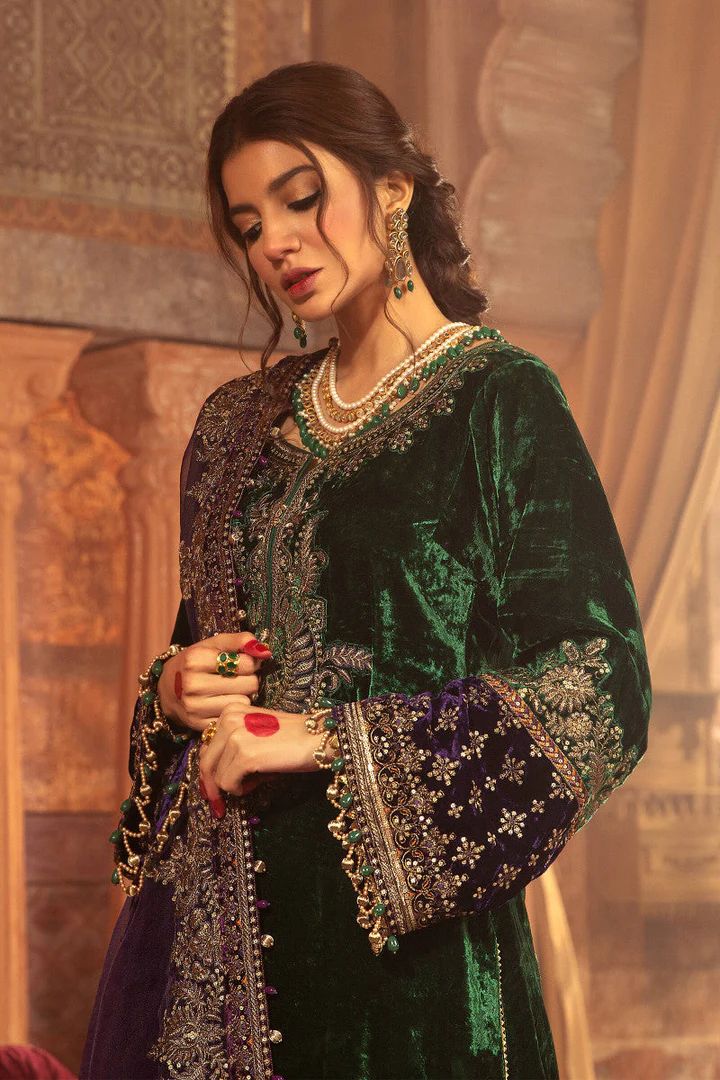 Maria.B Embroidered Velvet Wedding Collection-Bottle Green & Purple