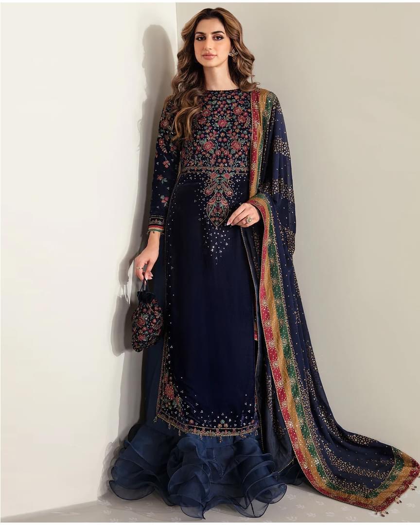 Jazmin Embroidered Velvet Formal Collection-Navy Blue