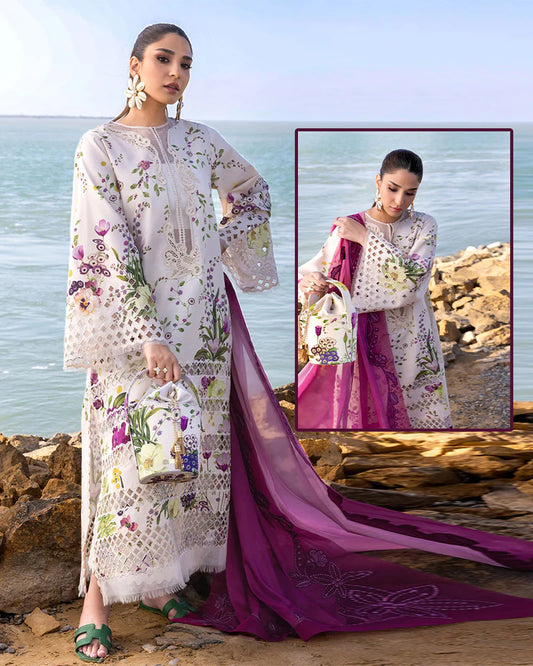 Flow By Crimson Luxury Swiss Lawn Chinkankari Collection -SnowWhite & Magenta