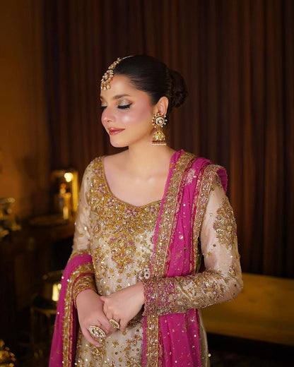 Harris Shakeel Embroidered Addawork Formal Wedding Wear Collection-Gold & Pink