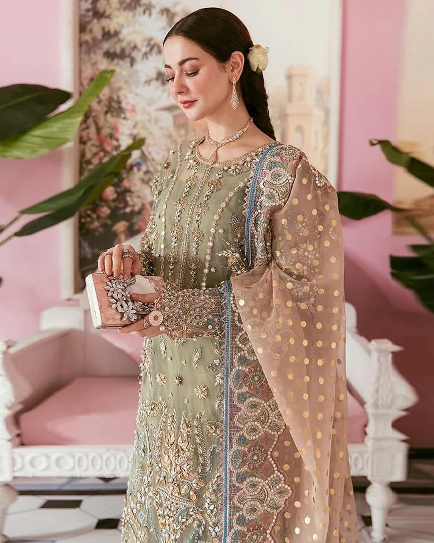 Elaaf Embroidered Addawork Formal Bridal Collection-Pista & Teapink