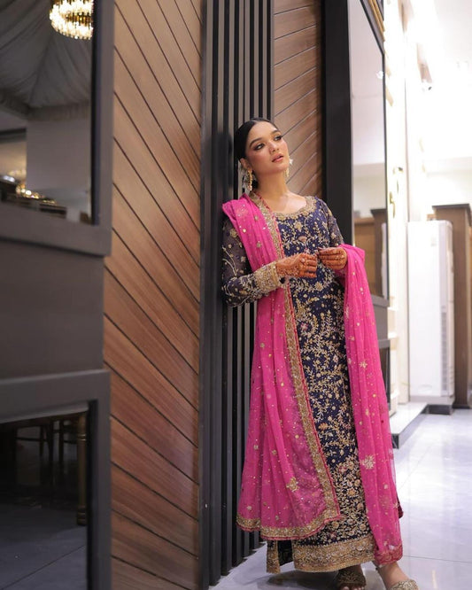 Haris Shakeel Luxury Hand Embellished Formal Weddding Collection -Navy Blue & Pink