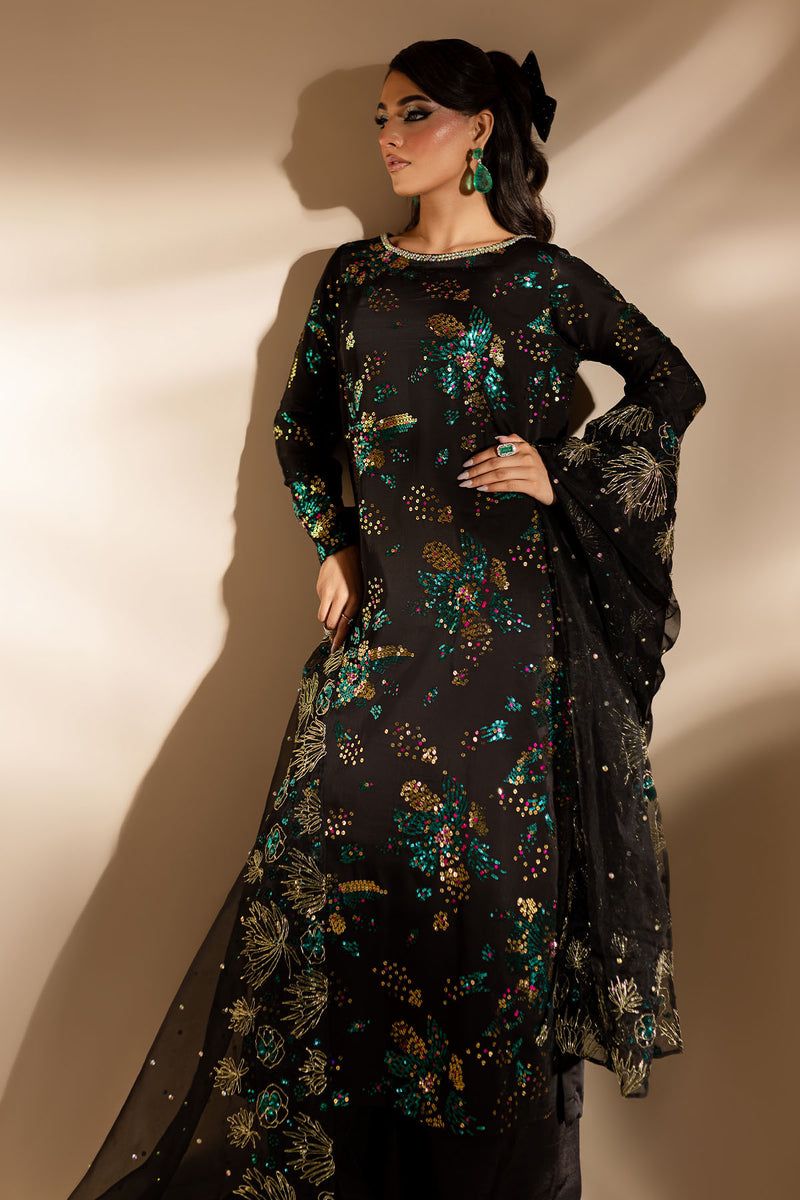 Nureh Hand Embellished Rawsilk Formal Wedding Collection- Black