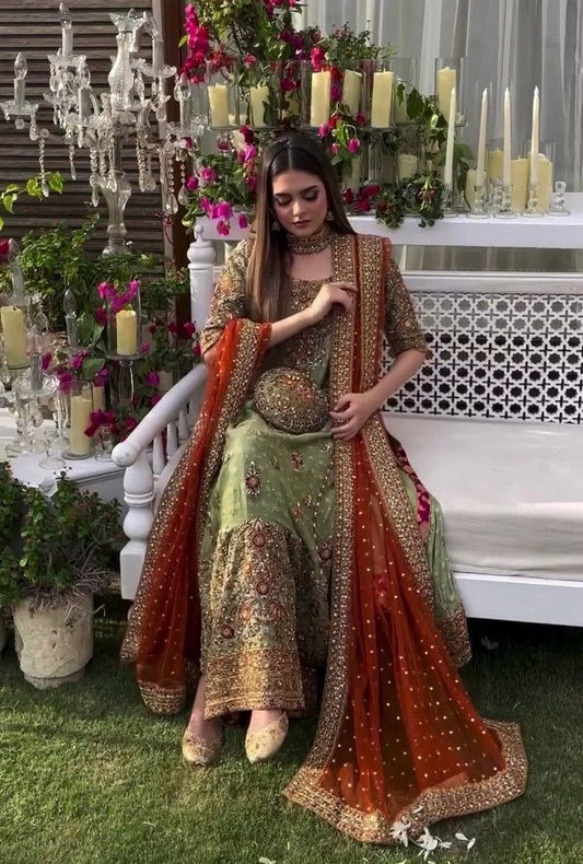 Haris Shakeel Addawork Hand Embellished Formal Wedding Collection-Pista & Rust