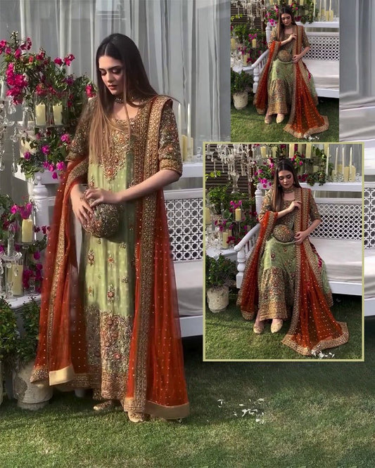 Haris Shakeel Addawork Hand Embellished Formal Wedding Collection-Pista & Rust