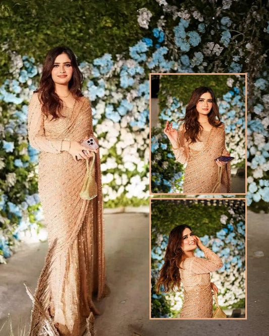 Aroob Jatoi & Iqra Kanwal Wearing Mirosh Luxury Chiffon Saree - Beige