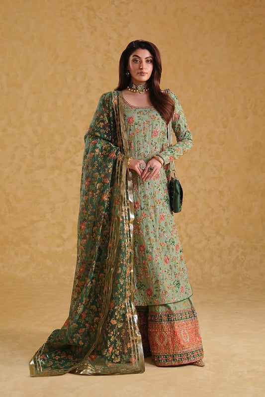 Neloo's Luxury Raw Silk Hand Embellished Formal Wedding Collection-Pista Green
