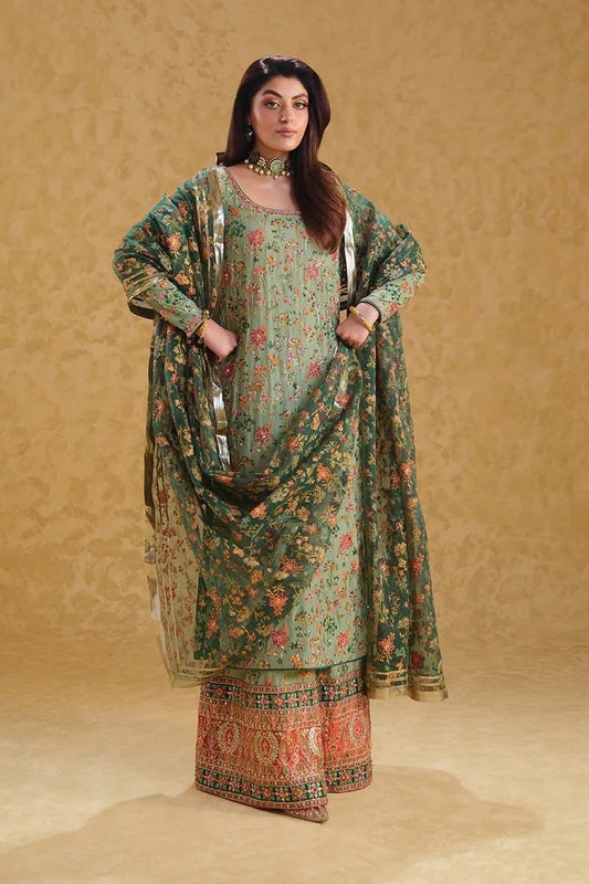 Neloo's Luxury Raw Silk Hand Embellished Formal Wedding Collection-Pista Green