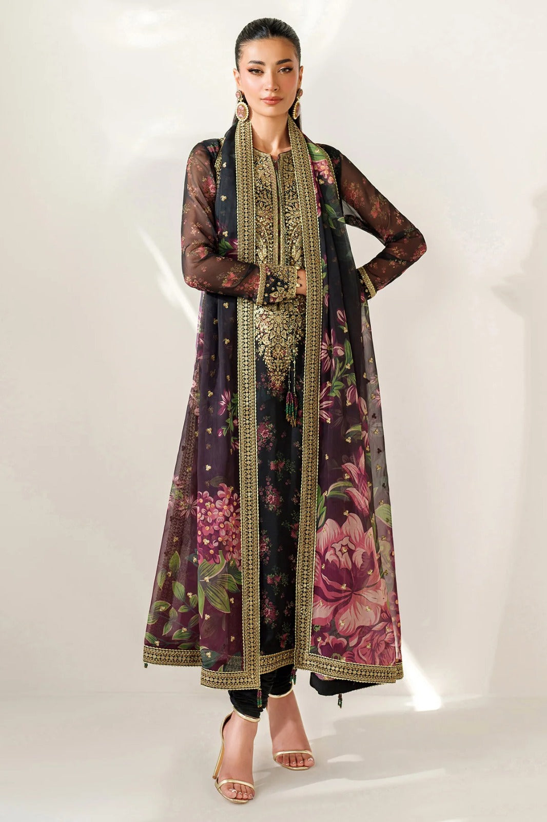 Jazmin Luxury Embroidered Chiffon Formal Wedding Collection-Black Floral