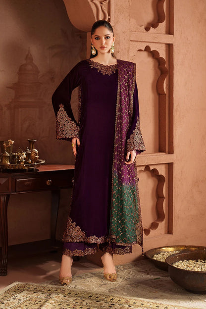 Iznik Luxury Embroidered Velvet Wedding Collection- Plum