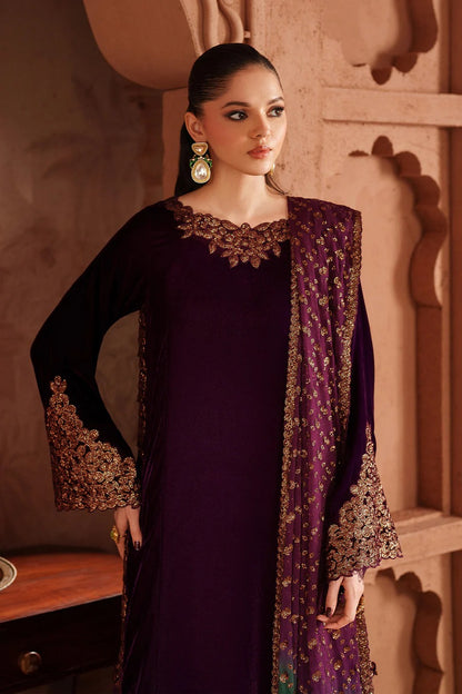 Iznik Luxury Embroidered Velvet Wedding Collection- Plum