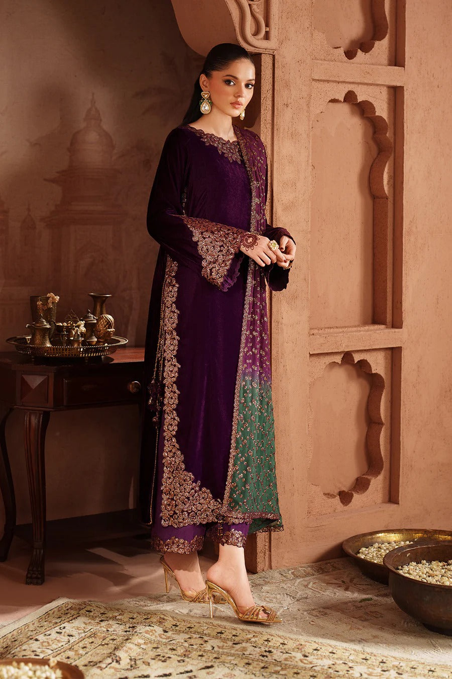 Iznik Luxury Embroidered Velvet Wedding Collection- Plum