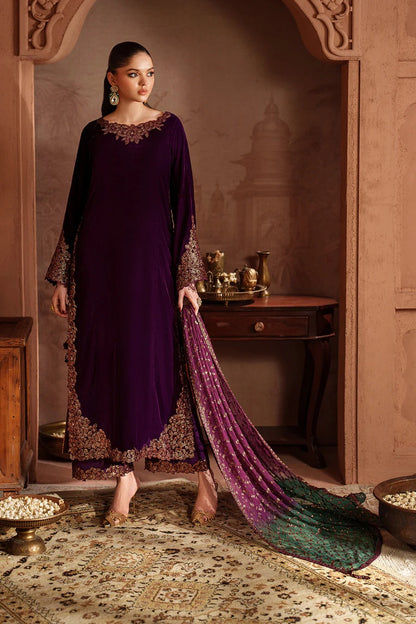 Iznik Luxury Embroidered Velvet Wedding Collection- Plum