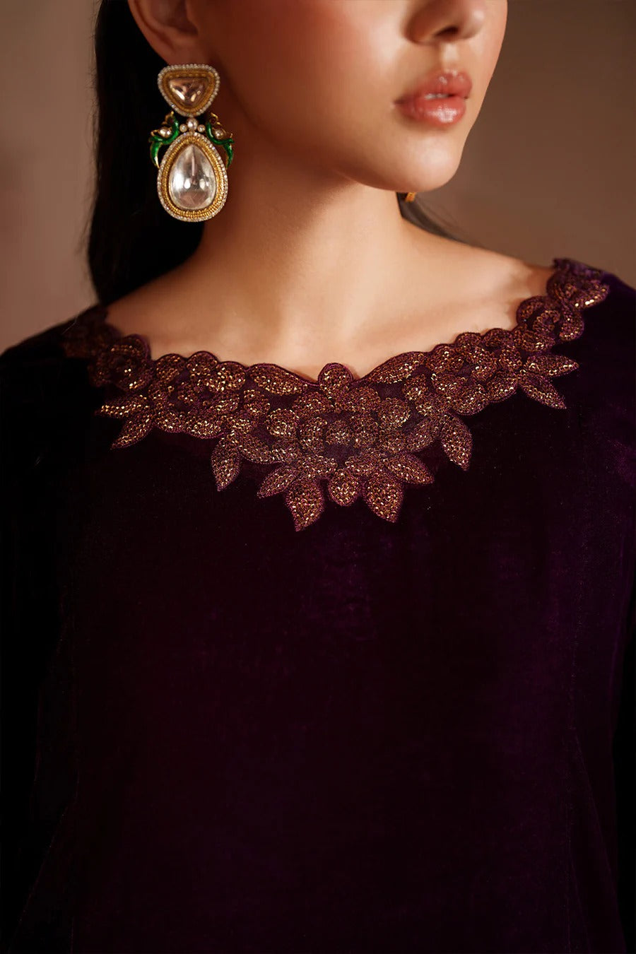 Iznik Luxury Embroidered Velvet Wedding Collection- Plum