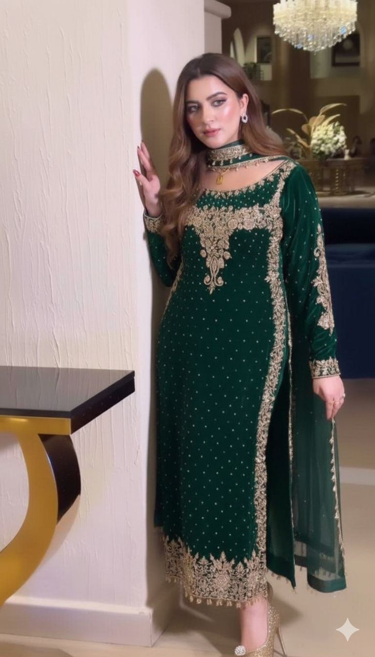 Aneelas Luxury Velvet Embroidered 3 Piece Unstitched Green
