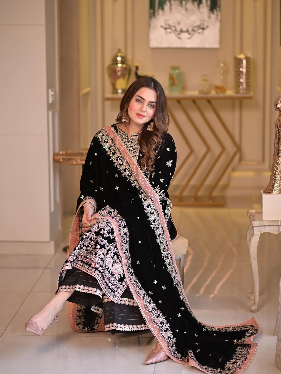 Aneela's Luxury Embroidered Velvet Wedding Collection- Black