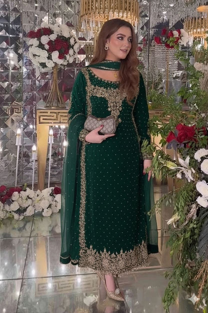 Aneelas Luxury Velvet Embroidered 3 Piece Unstitched Green