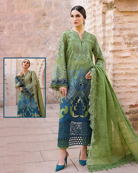Maria.B Luxury Lawn Embroidered Chikankari Collection 1A- Pista & Teal Blue