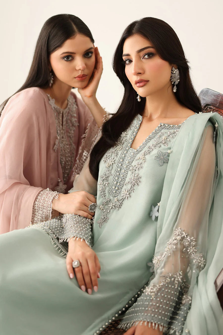 Baroque Luxury Formals Embroidered Hand Embellished Addawork Collection –Light Sea Green