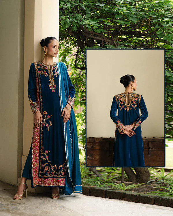 Aneeka Ruknuddin Luxury Formals Velvet Hand Embellished Wedding Collection- Teal Blue