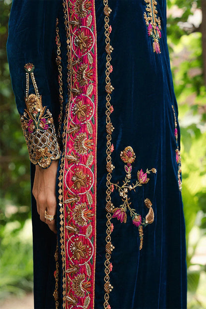 Aneeka Ruknuddin Luxury Formals Velvet Hand Embellished Wedding Collection- Teal Blue