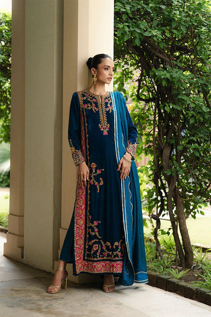 Aneeka Ruknuddin Luxury Formals Velvet Hand Embellished Wedding Collection- Teal Blue