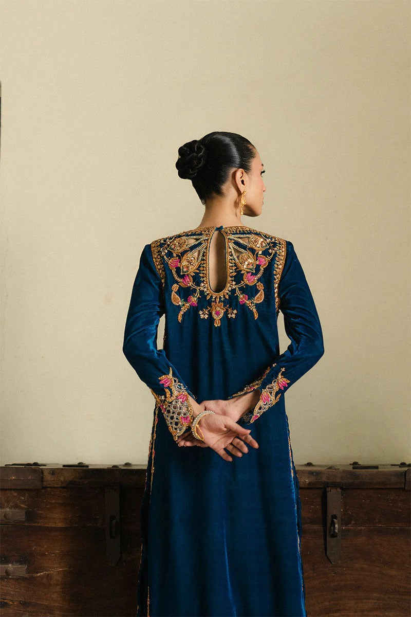 Aneeka Ruknuddin Luxury Formals Velvet Hand Embellished Wedding Collection- Teal Blue
