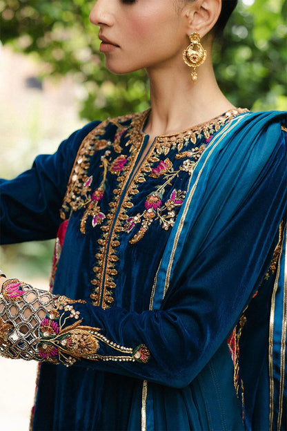 Aneeka Ruknuddin Luxury Formals Velvet Hand Embellished Wedding Collection- Teal Blue