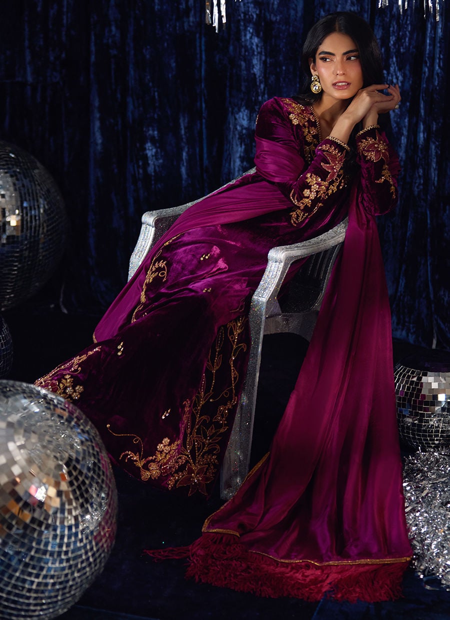 Farah Talib Aziz Luxury Embroidered Velvet Wedding Collection - Magenta