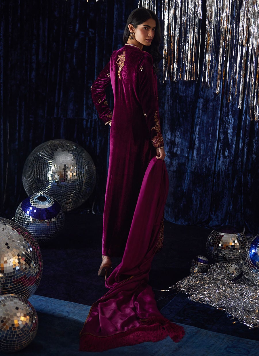 Farah Talib Aziz Luxury Embroidered Velvet Wedding Collection - Magenta