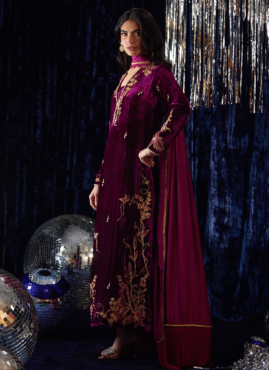 Farah Talib Aziz Luxury Embroidered Velvet Wedding Collection - Magenta