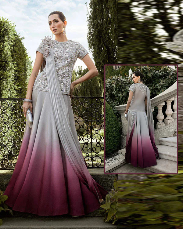 Maria.B Luxury Formal Bridal Wedding Collection Lehenga - Silver Grey & Plum