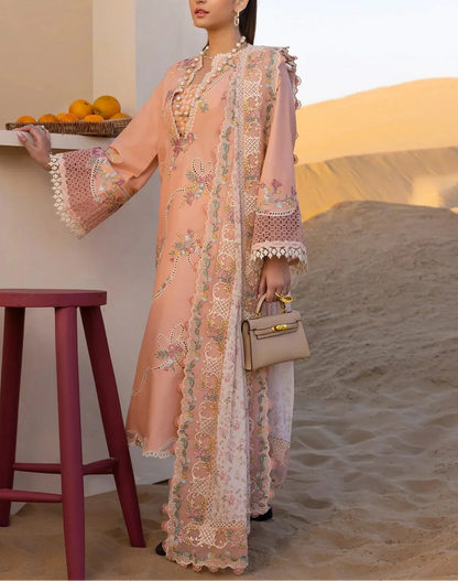 Crimson Flow Luxury Embroidered Chikankari Lawn Collection- Peach Pink