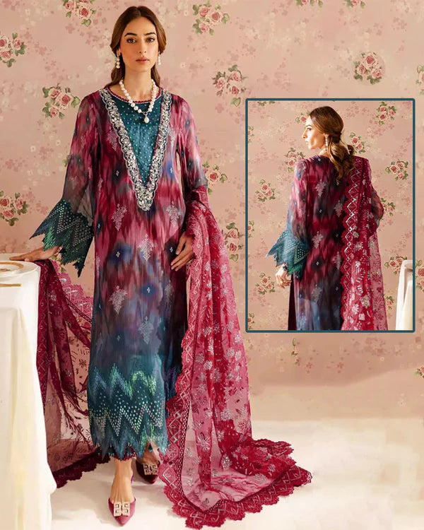 Nureh Luxury Chikankari Embroidered Lawn Printed - Maroon & Sea Green