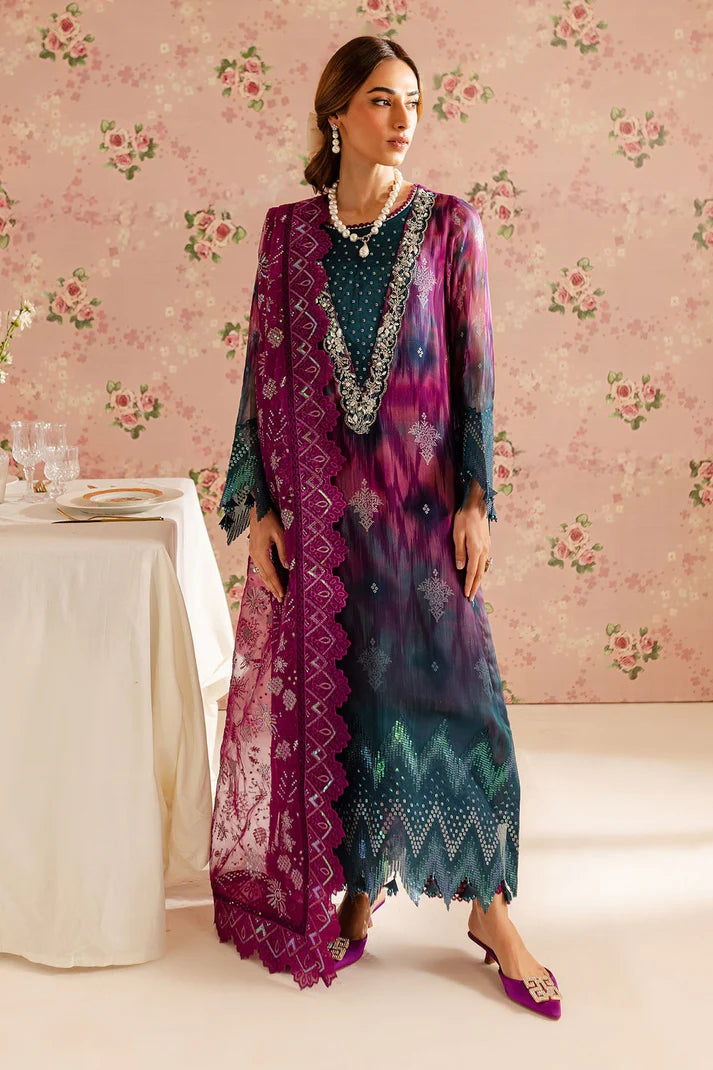 Nureh Luxury Chikankari Embroidered Lawn Printed - Maroon & Sea Green