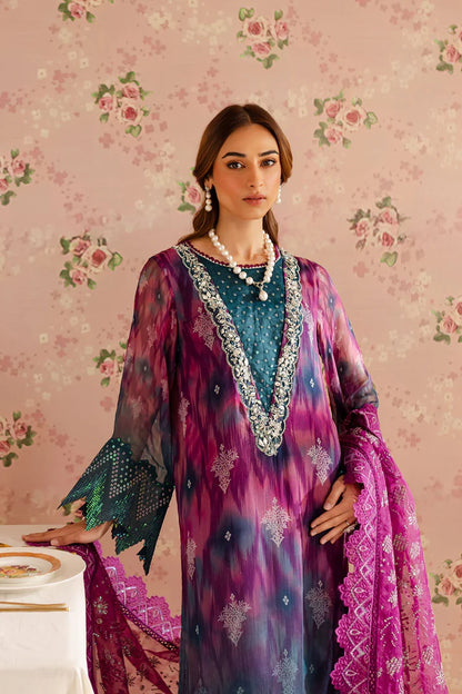 Nureh Luxury Chikankari Embroidered Lawn Printed - Maroon & Sea Green